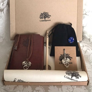 May include: A brown leather journal with a silver dragon pendant necklace, a wooden pencil, a black pouch with a blue dice, and a card with a silver dragon pendant necklace and the text "CAdesignoo" on a white background. The items are in a brown cardboard box with the text "CAdesignoo" printed on the top.