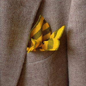 Handmade striped pocket square / handkerchief (Einstecktuch) in green and yellow variants, cotton
