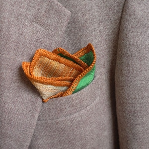 Luxury handmade pocket square / handkerchief (Einstecktuch) in gold and green tones, lotus silk