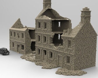 Puede incluir: Un modelo detallado de un edificio en ruinas con paredes de ladrillo y ventanas rotas. El edificio está hecho de plástico gris y tiene una textura realista. El modelo es perfecto para usar en juegos de guerra o juegos de mesa.