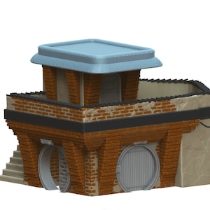 May include: A small, brick building with a flat roof and a door. The building has a weathered look and is made of brown and gray bricks. The roof is a light blue color.