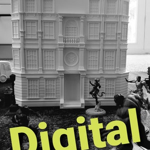 May include: A white 3D printed model of a building with a clock face and a balcony. The building is surrounded by miniature figures, including a superhero and a monster. The word "Digital" is printed in yellow on the ground.