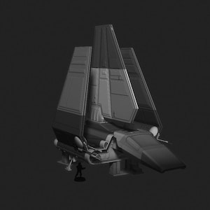 Puede incluir: Un modelo de nave espacial gris y blanco con una nariz larga y puntiaguda y alas grandes. El modelo está detallado con líneas y paneles.