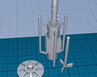 以下が含まれることがあります： ベースと4つの安定フィンが付いたロケットのグレーの3Dプリントモデル。ロケットは、先のとがったトップと側面に小さなディテールがいくつかある円筒形のボディを持っています。