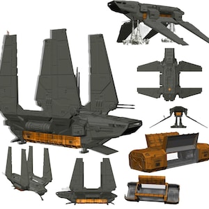 May include: A detailed model of a large, gray spaceship with orange cargo pods. The spaceship has four large wings that fold down and a long, narrow body. The model is made of plastic and is about 12 inches long.