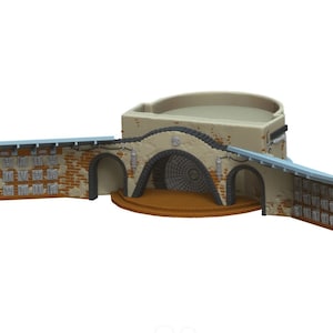 May include: A beige and brown miniature model of a building with a rounded roof and arched doorways. The building has a textured brick facade and a blue roof.