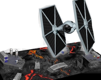 Puede incluir: Un modelo de una nave espacial TIE fighter flotando sobre una superficie negra y gris con lava roja fluyendo. La nave espacial tiene alas negras y grises y una cabina blanca.