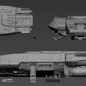 Może przedstawiać: Szczegółowy model 3D statku kosmicznego z długim, wąskim kadłubem, spiczastym nosem i dwoma dużymi silnikami z tyłu. Statek kosmiczny pokazano z trzech różnych kątów: od góry, od przodu i z boku.