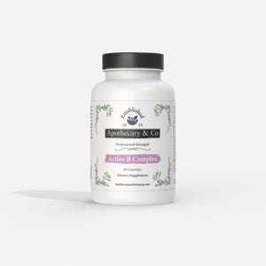 May include: A white supplement bottle with a black cap. The label reads "Apothecary & Co" and "Active B Complex". The bottle contains 60 capsules and is a dietary supplement.