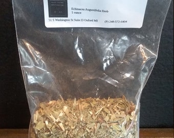 May include: A clear plastic bag containing dried Echinacea Augustifolia herb. The bag is labeled with the text "Glee Thyme Apothecary", "Echinacea Augustifolia Herb", "1 ounce", "51 S Washington St Suite D Oxford MI", and "(P) 248-572-6404".