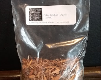 May include: A clear plastic bag containing a one ounce package of white oak bark, labeled "White Oak Bark - Organic" with the text "DEDE THYME APOTHECARY" and contact information for the business.
