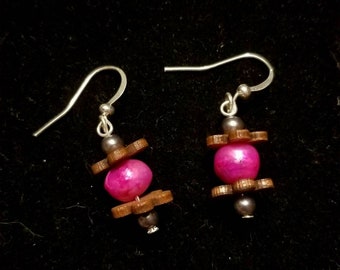 Pink Freshwater Pearl and Wood Earrings