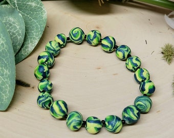 Blue, Green, Yellow Swirled Clay Bead Bracelet