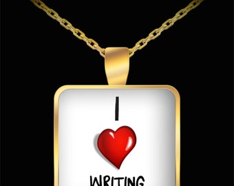 Writing Necklace - I love writing gold pendant necklace - writing mom gift, writing lover, gifts for writers, gold square pendant necklace