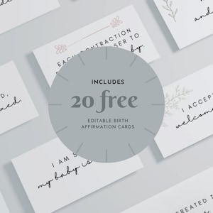 May include: A set of 20 free printable affirmation cards for childbirth. The cards are white with black text and feature a simple floral design. The text on the cards includes phrases like "I am relaxed" and "I accept and welcome labor".