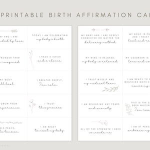 Puede incluir: Veinte tarjetas de afirmaci&oacute;n imprimibles para el nacimiento. Cada tarjeta presenta una afirmaci&oacute;n diferente en texto negro con un dise&ntilde;o floral sencillo. Las afirmaciones incluyen frases como "Mi cuerpo sanar&aacute;" y "Estoy lista para conocer a mi beb&eacute;."