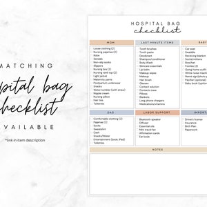 May include: A printable checklist for packing a hospital bag for a new parent. The checklist is divided into three sections: Mom, Dad, and Baby. It includes items such as clothing, toiletries, snacks, and important documents. The checklist also includes a section for labor support and important items.