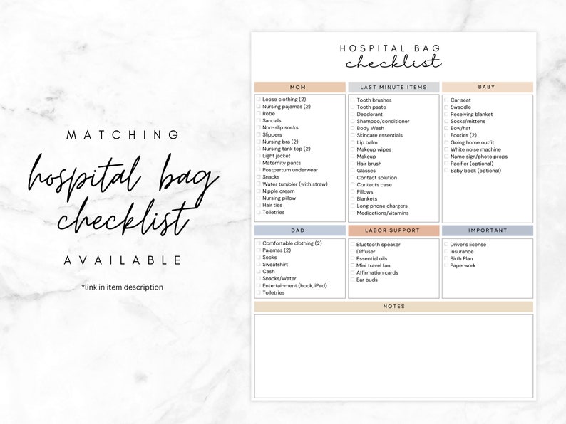 May include: A printable checklist for packing a hospital bag for a new parent. The checklist is divided into three sections: Mom, Dad, and Baby. It includes items such as clothing, toiletries, snacks, and important documents. The checklist also includes a section for labor support and important items.
