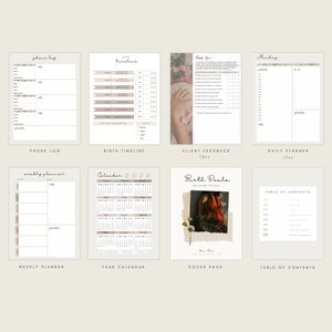 Pu&ograve; includere: Un set di planner stampabili per doula di nascita, con una pagina di copertina con una foto di una donna in un vestito rosso, un indice, un planner settimanale, un planner giornaliero, un registro delle chiamate telefoniche, una linea temporale di nascita, un modulo di feedback dei clienti e un calendario annuale.