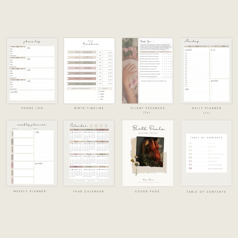 Pu&ograve; includere: Un set di planner stampabili per doula di nascita, con una pagina di copertina con una foto di una donna in un vestito rosso, un indice, un planner settimanale, un planner giornaliero, un registro delle chiamate telefoniche, una linea temporale di nascita, un modulo di feedback dei clienti e un calendario annuale.