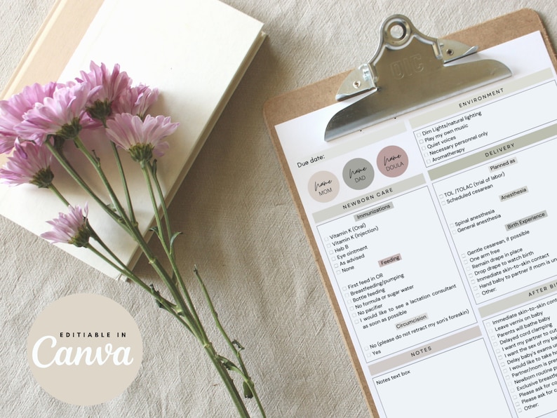 Puede incluir: Una lista de verificaci&oacute;n imprimible para nuevos padres con secciones para el cuidado del reci&eacute;n nacido, el parto y el entorno. La lista de verificaci&oacute;n incluye informaci&oacute;n sobre inmunizaciones, alimentaci&oacute;n, circuncisi&oacute;n, anestesia y experiencia de nacimiento. La lista de verificaci&oacute;n es editable en Canva.