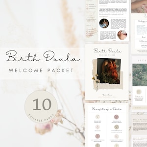 May include: A welcome packet for a birth doula service. The packet includes 10 editable pages with information about the benefits of hiring a doula. The packet is designed with a neutral color scheme of beige and brown.