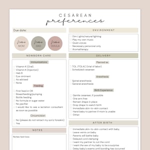 Plan d'accouchement par césarienne en douceur, modèle Préférences d'accouchement par césarienne en douceur, modifiable sur Canva