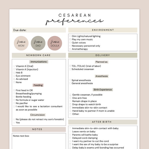 Gentle C-Section Birth Plan, Gentle Cesarean Birth Preferences Template, Editable in Canva
