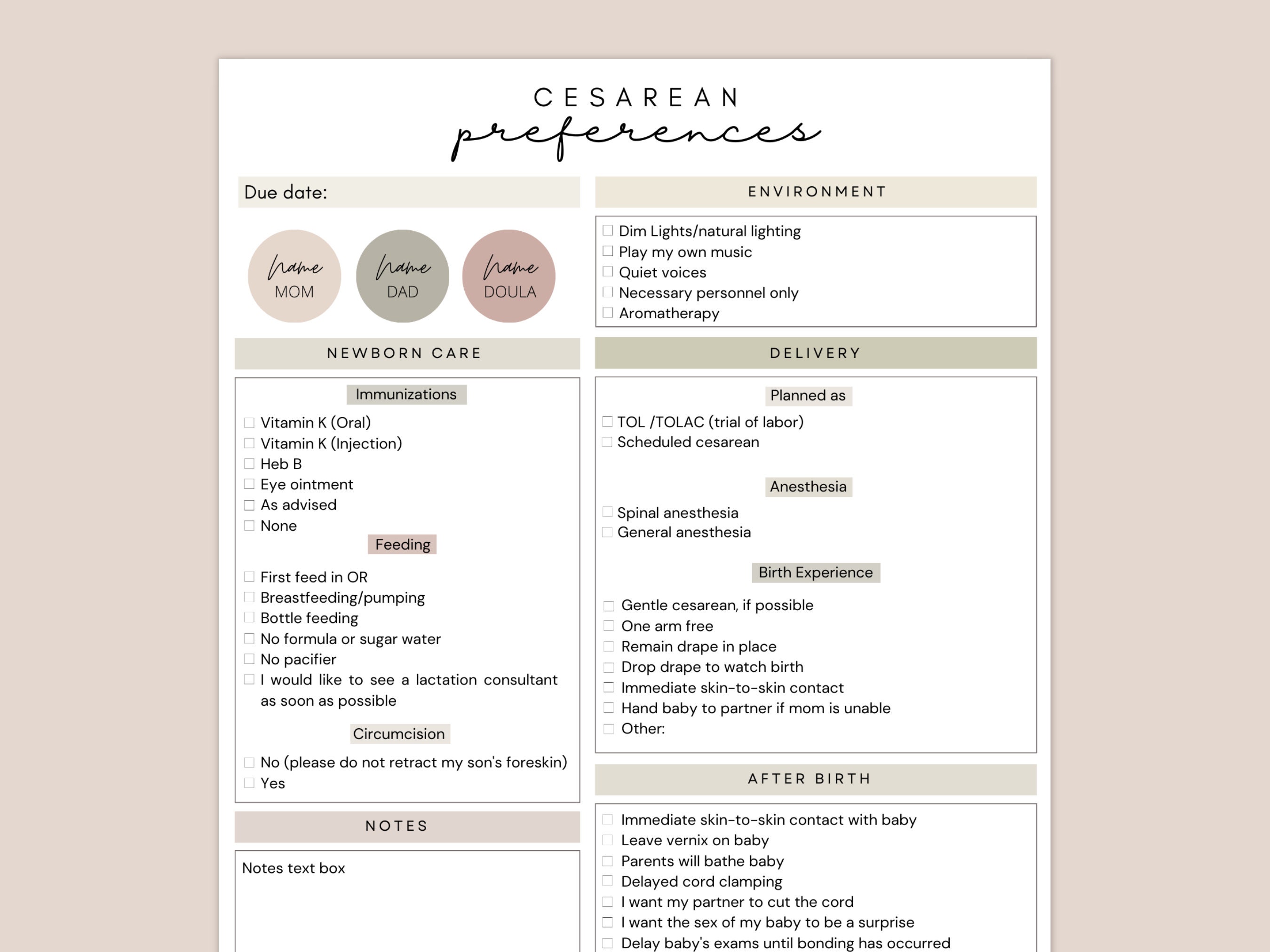 Gentle Csection Birth Plan, Gentle Cesarean Birth Preferences Template Gentle Csection Birth Plan, Gentle Cesarean Birth Preferences Template