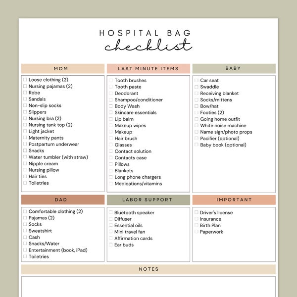 Krankenhaustasche Checkliste für Geburt und Geburt, bearbeitbare Canva Checklisten Vorlage, druckbare Sofort-Download