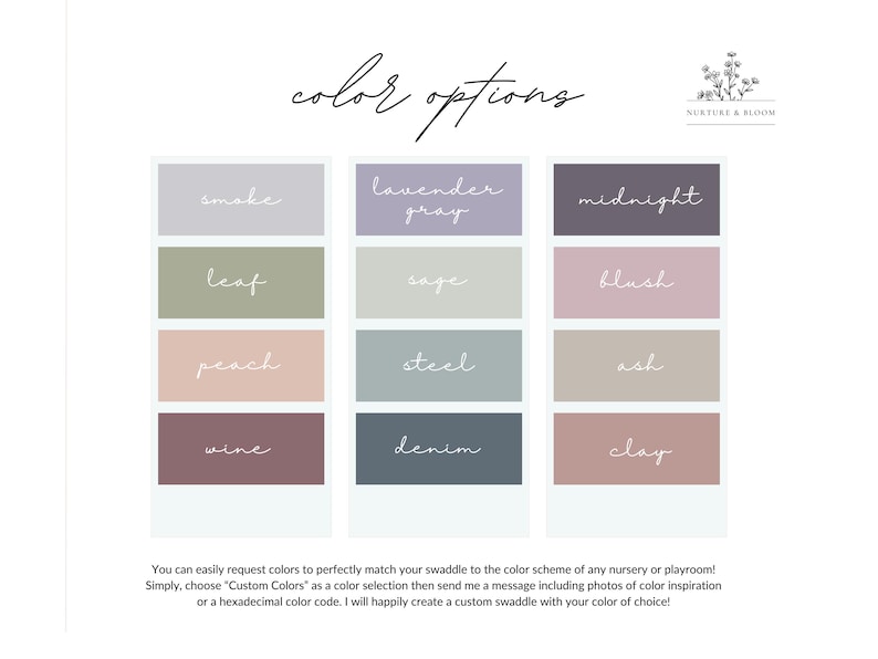 Pu&ograve; includere: Opzioni di colore per una copertina per neonati. I colori sono: fumo, grigio lavanda, mezzanotte, foglia, salvia, blush, pesca, acciaio, cenere, vino, denim e argilla.