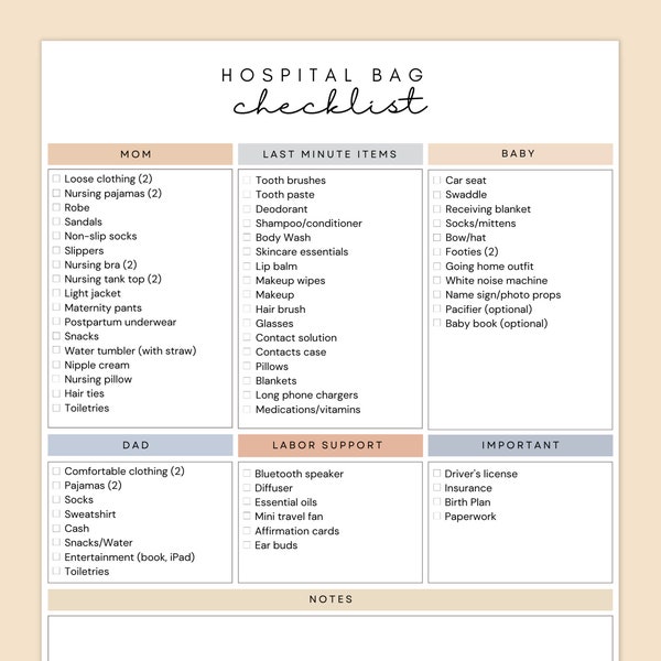 Hospital Bag Checklist for Labor and Delivery, Editable Canva Checklist Template, Printable Instant Download