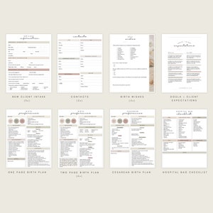Pu&ograve; includere: Moduli stampabili di checklist e pianificazione per un piano di nascita. I moduli includono sezioni per l'accoglienza di nuovi clienti, contatti, desideri di nascita, aspettative doula-cliente, piano di nascita in una pagina, piano di nascita in due pagine, piano di nascita cesareo e checklist per la borsa dell'ospedale. I moduli sono progettati con un'estetica minimalista e presentano una tavolozza di colori rosa chiaro e beige.