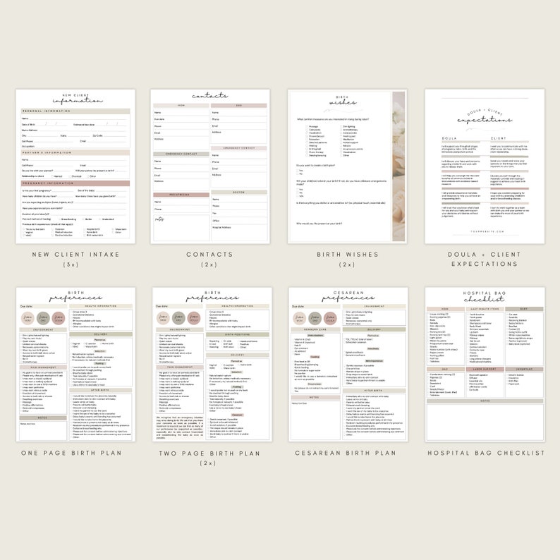 Pu&ograve; includere: Moduli stampabili di checklist e pianificazione per un piano di nascita. I moduli includono sezioni per l'accoglienza di nuovi clienti, contatti, desideri di nascita, aspettative doula-cliente, piano di nascita in una pagina, piano di nascita in due pagine, piano di nascita cesareo e checklist per la borsa dell'ospedale. I moduli sono progettati con un'estetica minimalista e presentano una tavolozza di colori rosa chiaro e beige.