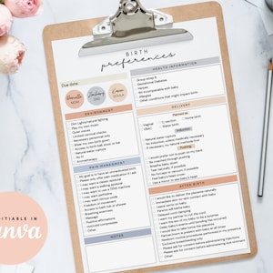 May include: A printable birth preferences checklist with sections for health information, environment, pain management, delivery, and after birth. The checklist includes spaces for the names of the mother, father, and doula.