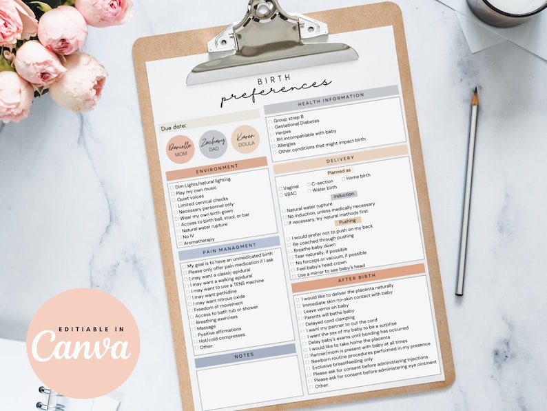 May include: A printable birth preferences checklist with sections for health information, environment, pain management, delivery, and after birth. The checklist includes spaces for the names of the mother, father, and doula.
