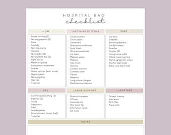 Hospital Bag Checklist for Labor and Delivery, Editable Canva Checklist Template, Printable Instant Download
