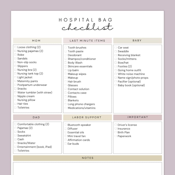 Hospital Bag Checklist for Labor and Delivery, Editable Canva Checklist Template, Printable Instant Download