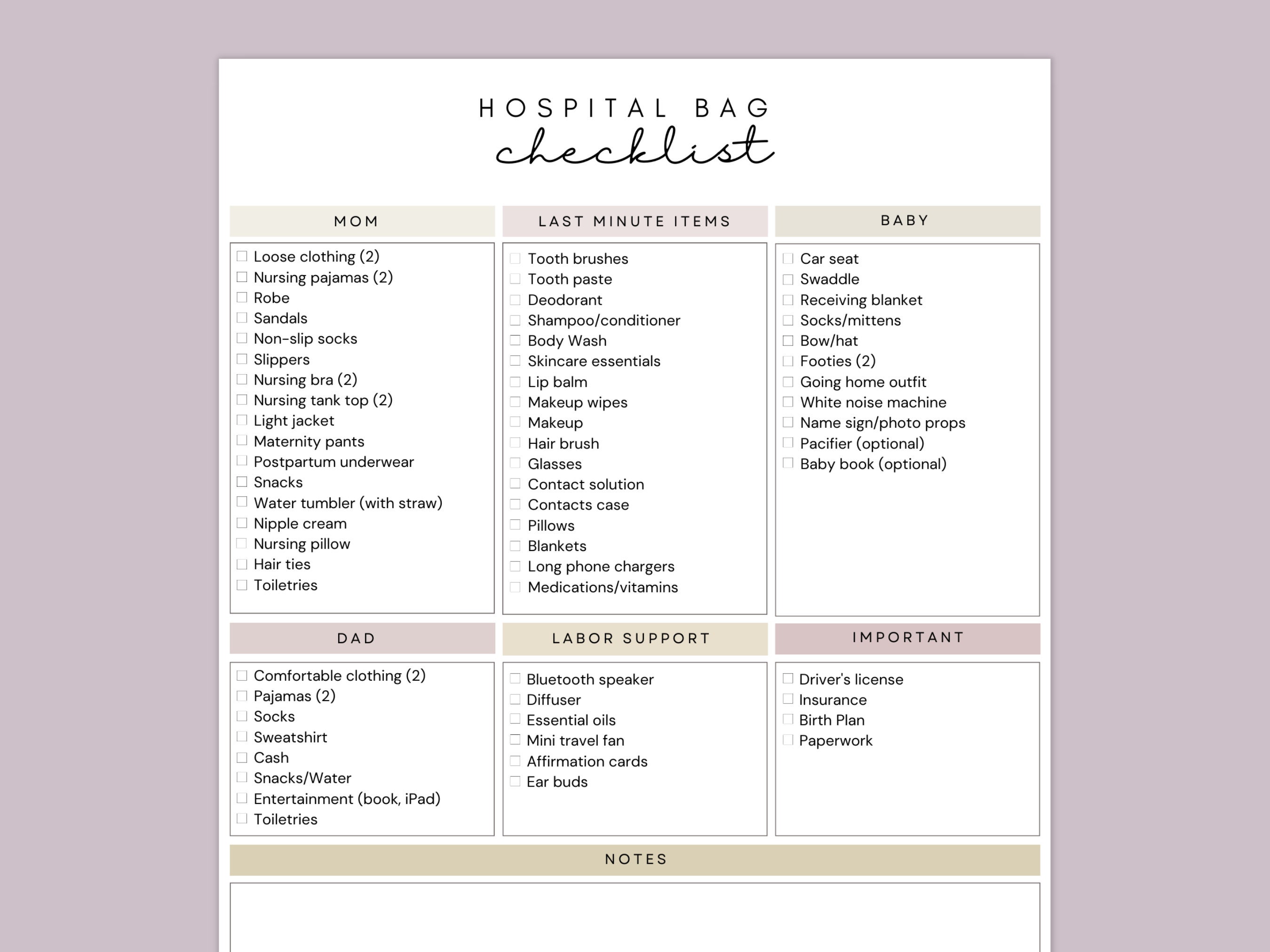 Hospital Bag Checklist for Labor and Delivery, Editable Canva Checklist ...