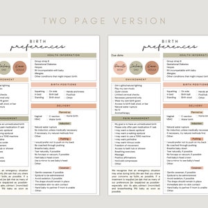 May include: A printable birth preferences checklist with sections for health information, environment, birth positions, delivery, pain management, and cesarean. The checklist includes options for dimming lights, playing music, natural water rupture, and epidural.
