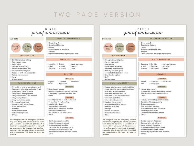 May include: A printable birth preferences checklist with sections for health information, environment, birth positions, delivery, pain management, and cesarean. The checklist includes options for dimming lights, playing music, natural water rupture, and epidural.