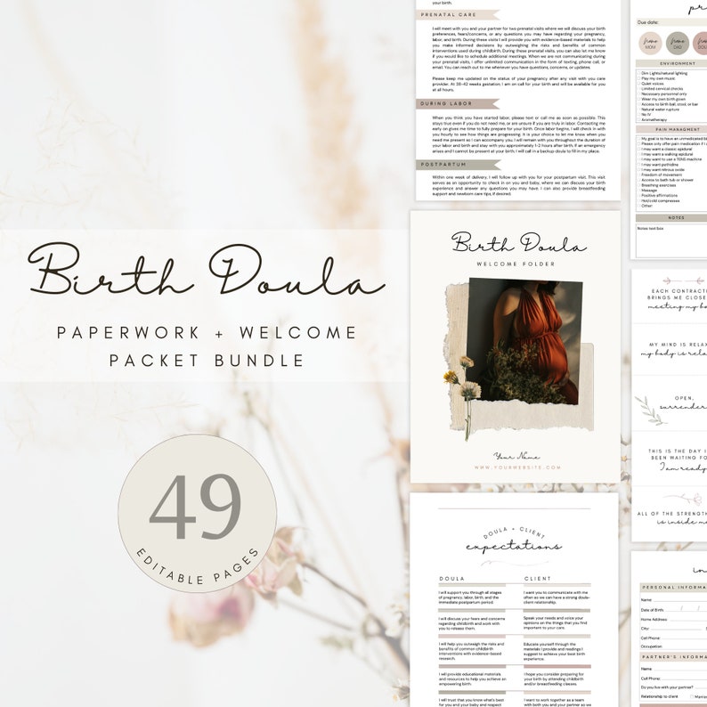 Pu&ograve; includere: Un download digitale stampabile per una cartella di benvenuto di doula di nascita. La cartella include 49 pagine modificabili con informazioni sull'assistenza prenatale, il travaglio, il puerperio e le aspettative doula-cliente. L'immagine presenta un motivo floreale e una foto di una donna incinta.