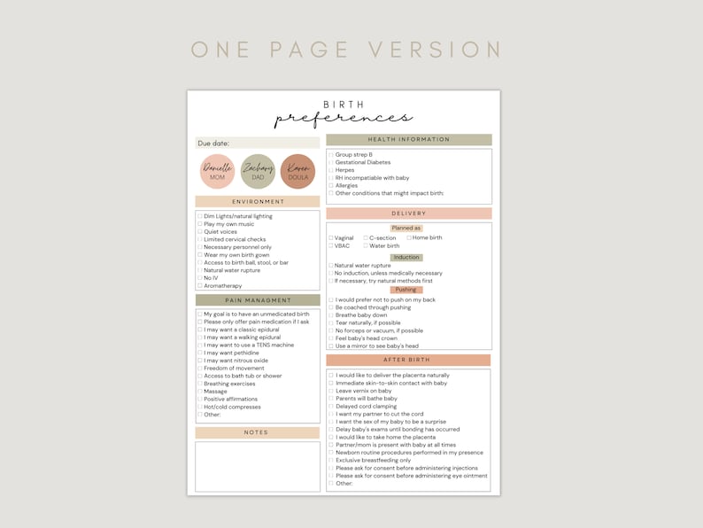 May include: A printable birth preferences checklist with sections for health information, environment, pain management, delivery, pushing, and after birth. The checklist includes spaces for the mother, father, and doula's names.