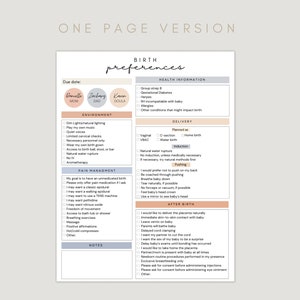 May include: A printable birth preferences checklist with sections for health information, environment, pain management, delivery, and after birth. The checklist includes spaces for the mother, father, and doula's names.