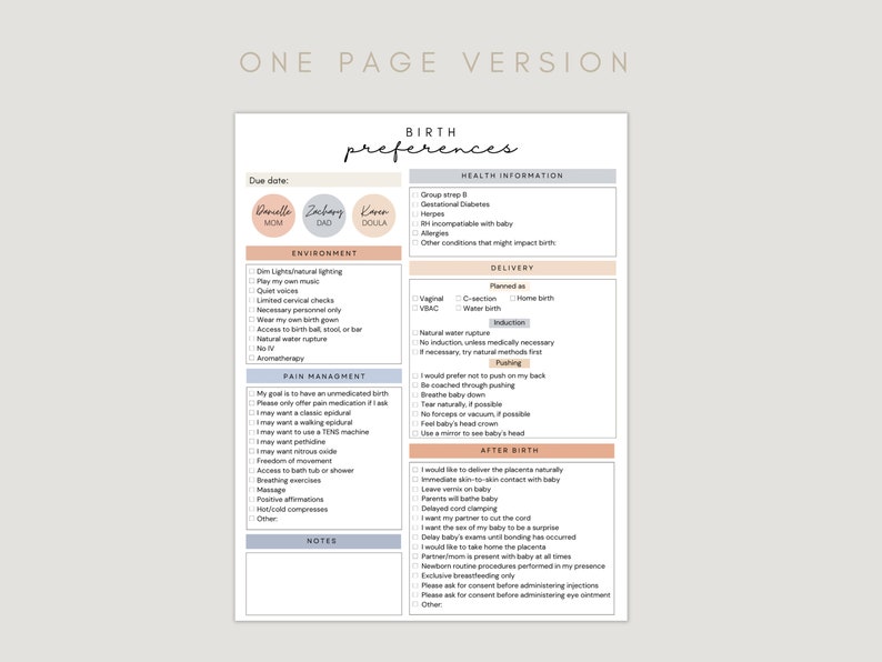 May include: A printable birth preferences checklist with sections for health information, environment, pain management, delivery, and after birth. The checklist includes spaces for the mother, father, and doula's names.