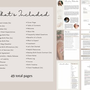 Pu&ograve; includere: Un elenco di elementi inclusi nei servizi di una doula. L'elenco include elementi come la presa di contatto con un nuovo cliente, i contatti, i desideri di nascita, le aspettative del cliente della doula, il piano di nascita di una pagina, il piano di nascita di due pagine, il piano di nascita per cesareo, la lista di controllo della borsa dell'ospedale, le affermazioni di nascita stampabili, il contratto di servizi, l'accordo finanziario, la riservatezza e la pubblicazione sui media, l'esonero di responsabilit&agrave;, il pianificatore settimanale, il pianificatore giornaliero, il calendario annuale, la pagina di copertina, l'indice, benvenuto, informazioni su di me, domande frequenti, i vantaggi di una doula, cosa aspettarsi, investimento, iniziamo, risorse utili, contratto di doula di backup per il parto, note del cliente, registro delle chiamate, fattura, cronologia del parto e feedback del cliente. L'elenco &egrave; intitolato "What's Included" e indica che ci sono un totale di 49 pagine.