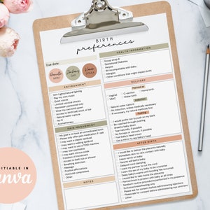May include: A printable checklist for planning a birth. The checklist includes sections for environment, pain management, delivery, and after birth. The checklist is editable in Canva.
