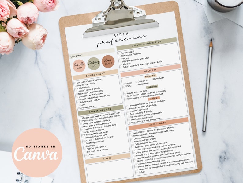 May include: A printable checklist for planning a birth. The checklist includes sections for environment, pain management, delivery, and after birth. The checklist is editable in Canva.