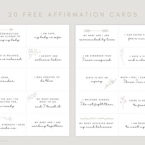 May include: Twenty printable affirmation cards for labor and delivery. The cards feature simple line drawings of flowers and leaves and positive affirmations such as "I am safe, my baby is safe" and "I am ready to meet my baby".