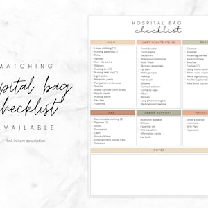 May include: A printable hospital bag checklist with sections for Mom, Dad, Baby, Labor Support, and Important items. The checklist includes items such as loose clothing, nursing pajamas, toiletries, snacks, and a car seat.